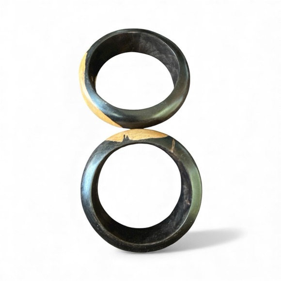 Set Of 2 Ebony Black Wood Bangle Bracelets 2-Tone Inlaid Boho Handmade 0.5"x6" - Picture 5 of 9